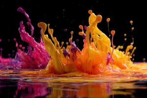 Vibrant splashes of yellow, pink, and orange paint erupt in dynamic motion, creating striking and colorful patterns against a dark backdrop, highlighting energy and creativity photo