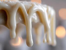 Rich and creamy, smooth pale icing drips lusciously over the edge of a cake, creating an indulgent, mouthwatering texture background softly blurred to emphasize the frostings allure photo