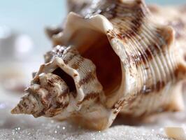 Intricately patterned seashell resting on sandy surface with delicate textures and soft focus. The shell's grooves and curves create a mesmerizing spiral shape, capturing natural beauty photo