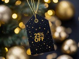 Discount tag reading 25 percent OFF with golden stars hangs from a string, surrounded by blurred golden lights and ornaments, creating a festive atmosphere. Text is centered on the tag photo