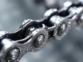Close-up of a metallic chain with water droplets on its surface, showcasing details of the links. The focus is on the shiny texture and the wet appearance, enhancing the intricate design photo
