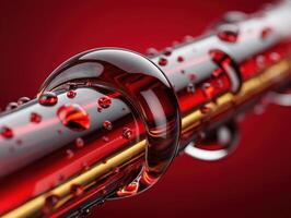 Close-up of a glossy red liquid with bubbles over a gold tube, creating a futuristic and abstract appearance. The smooth flow of liquid highlights its reflective texture photo