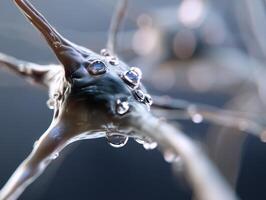 Close-up of a neuron with water droplets, reflecting light with a smooth, blurred background, capturing the intricate structure and texture in sharp detail photo