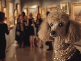 Poodle with pearl necklace and tiara in focus, standing in an art gallery with blurred group of elegantly dressed people in the background admiring framed paintings on the walls photo