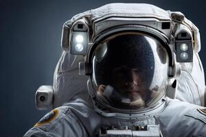 Astronaut in a white space suit with a reflective visor, illuminated helmet lights, and detailed suit features, displaying patches and mechanisms, with a focused expression photo
