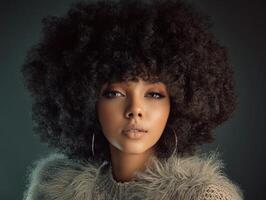 Young woman with voluminous curly hairstyle wearing large hoop earrings and a textured sweater, looking directly at the camera with an elegant expression, soft lighting photo