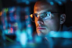 Focused man wearing glasses peers intently through multicolored lights and reflections with a serious expression. Blurred foreground elements create a sense of depth and mystery photo