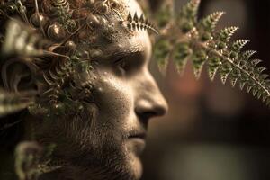A human profile seamlessly blends with nature, adorned with intricate fern leaves and organic textures. Soft earthy tones create a surreal, harmonious fusion of man and plant photo