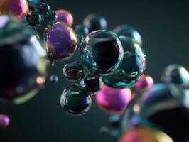Glass-like spheres in varying sizes float with iridescent surfaces reflecting rainbow hues, creating a dynamic, surreal and mesmerizing visual effect emphasizing light and color interplay photo