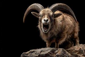 Wild sheep with large curved horns stands on rocks, mouth open as if bleating or calling out, against a black backdrop. Its rough fur texture is highlighted, conveying ruggedness photo