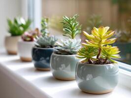 Five small succulents in different ceramic pots are arranged on a windowsill, with a blurred background. The plants have varying colors and leaf shapes, adding visual interest photo