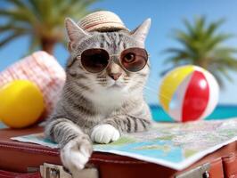 Gray tabby cat wearing sunglasses and a straw hat sits on a suitcase with a map. Beach ball and towels are in the background, under a blue sky and palm trees, creating a summer vibe photo