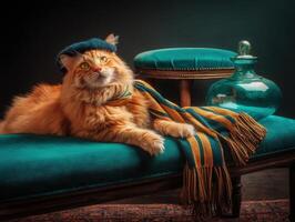 Fluffy orange cat wearing a blue beret and striped scarf lounges on a teal bench. Beside it, an elegant glass bottle and a matching teal stool add to the sophisticated scene photo