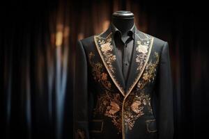 Tailored, embroidered suit jacket with intricate gold floral patterns on a mannequin, displaying elegant fashion design with a black shirt beneath. Luxurious and sophisticated attire photo