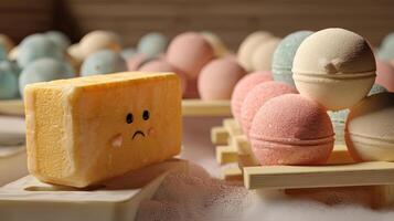 A textured soap bar with a sad face stands out among various colored bath bombs on wooden trays, creating a playful and inviting atmosphere with an emphasis on self-care products photo