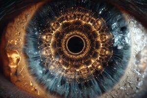 Close-up of a blue eye with intricate golden patterns radiating from the pupil, resembling a complex, luminous structure. Details are sharp, emphasizing the texture and color photo
