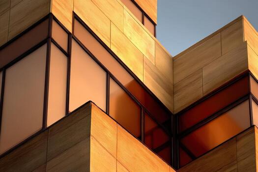 Modern architectural structure with geometric design showcases angular, intersecting lines and smooth surfaces of glass and concrete, highlighted by warm evening light within urban environment photo