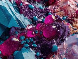Abstract close-up of vibrant textures with glossy magenta and purple surfaces, turquoise crystals, and spherical shapes. The image showcases a mix of organic and geometric patterns photo