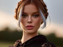 Red-haired woman with braids gazes forward, framed by subtle lighting and a blurred background. Her expression is calm and serene, highlighting graceful features with a touch of natural makeup photo