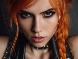 Fiery-haired woman gazes intensely at camera, showcasing dramatic eye makeup and leather-studded accessory. Her hairstyle features a braid, complementing bold makeup and edgy style photo