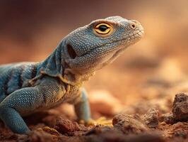 Lizard with striking blue and yellow scales basks on rocky terrain, its keen eyes gazing intently. Intricate patterns form mesmerizing textures, while warm light enhances natural details photo
