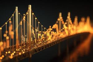 Illuminated suspension bridge glowing with intricate lights, creating a warm, abstract scene. Blurred and unfocused sections add depth. Gold and yellow tones dominate the composition photo