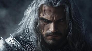 Strong warrior with long gray hair, intense expression, and scar on forehead, wearing chainmail and armor. Dark, moody atmosphere with subtle lighting enhancing his fierce look photo