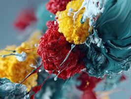 Abstract artwork featuring vibrant yellow and red textured paint masses intertwining with smooth teal and white layers, creating a dynamic and colorful visual explosion photo