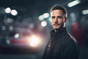 Young man in a black jacket with a focused expression stands confidently in a dimly lit environment, featuring blurred bright circular lights in the background, creating a dramatic effect photo