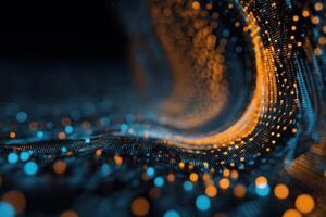 Fluid stream of glowing orange and blue dots creating a dynamic wave-like pattern. Points are interconnected, forming a swirling abstract design, suggesting a concept of digital flow photo