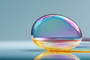 A luminous, translucent bubble with vibrant, iridescent hues of blue, pink, and yellow rests on a smooth surface, creating a captivating reflection. Its surface shows delicate color gradients photo