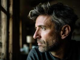 A contemplative bearded man with graying hair gazes out a rustic window, sunlight softly illuminating his thoughtful expression. He wears a dark, textured sweater indoors photo