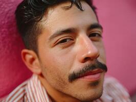 Young man with short dark hair and mustache, wearing a striped shirt, smiling slightly against a pink wall backdrop, looking directly at the camera in a relaxed manner photo