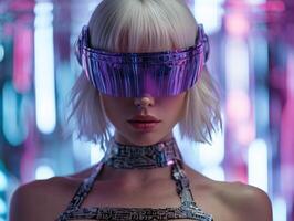 Futuristic woman wearing a high-tech visor and intricate outfit, with short blonde hair and pink illuminated background. The atmosphere suggests a sci-fi theme, focusing on innovation photo