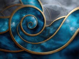 Abstract swirling pattern of blue shades and gold lines creating dynamic, flowing shapes, resembling waves and spirals. The design evokes a sense of motion and depth photo