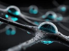 Water droplets sitting on black, textured branches with a reflective surface. The droplets have a light blue tint, creating a striking contrast against the dark background photo