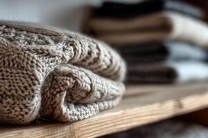 Cozy folded woolen sweaters in soft neutral tones on a wooden shelf, showcasing intricate knitted patterns and textures. Warm and inviting atmosphere with focus on craftsmanship photo