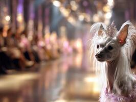 A small dog with long fur and a sparkling tiara looks sideways, standing in a glamorous setting with blurred lights and people in the background, creating a stylish atmosphere photo