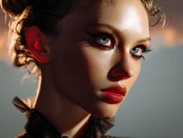 A striking portrait of a woman with dramatic makeup, featuring bold eyeliner and red lipstick. Her expression is intense, with a play of light and shadow highlighting her features photo