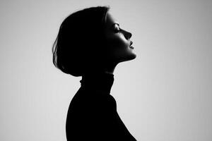 A monochromatic side profile portrait of a woman with short hair, wearing a turtleneck. Her face is gracefully lit, highlighting her features against a soft gradient background photo