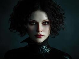 Dark-haired woman with striking eyes and dramatic makeup, wearing a black, shiny high-collared outfit. Her expression is serious, and the lighting creates a mysterious atmosphere photo