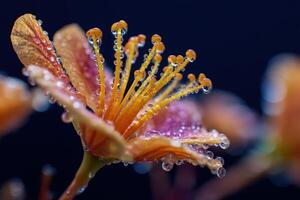 Macro shot of a colorful flower with water droplets on the petals and stamens. The petals have shades of orange and pink, and the background is softly blurred photo