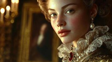 Elegant woman with period attire, adorned with pearl earring and ornate necklace. Her striking gaze contrasts with soft lighting, highlighting delicate features. Background features a blurred portrait photo
