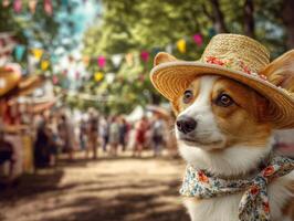 Cute dog wearing a straw hat and floral scarf gazes attentively at a vibrant outdoor festival with colorful bunting and blurred crowd under green trees, evoking a joyful atmosphere photo