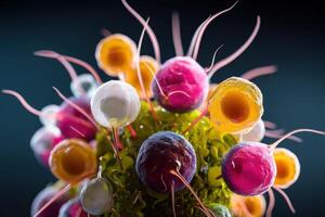 Colorful, abstract spheres with strands extend from a central point resembling cells or molecules. The vivid image features shades of pink, yellow, and green with dynamic textures photo