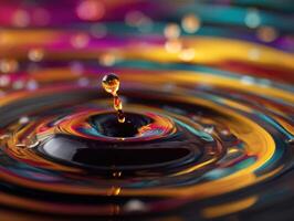 Colorful water droplet splashes into vibrant liquid, creating ripples with an array of bright hues like orange, pink, and blue. Droplet is in perfect focus, surrounded by abstract patterns photo