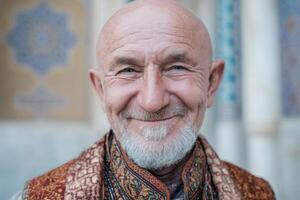 Smiling older man with a bald head and white beard wears a colorful embroidered scarf. Background features blurred, decorative patterns. Expression is warm and approachable, creating a friendly vibe photo