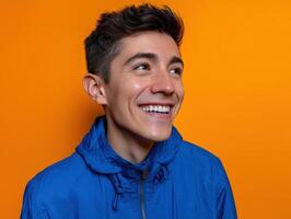 Smiling person with short dark hair and a bright smile wearing a blue jacket. The cheerful expression conveys happiness and positivity, set against a vibrant orange backdrop photo