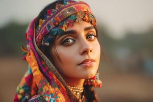 Young woman gazes directly, adorned with a colorful headscarf featuring intricate patterns and tassels. Her striking eyes and soft makeup highlight her natural beauty, creating a vivid portrait photo