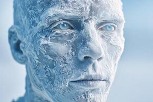 A human face covered in frost with icy skin texture and cold expression ice crystals form intricate patterns over features, creating a wintery, surreal appearance against a neutral backdrop photo